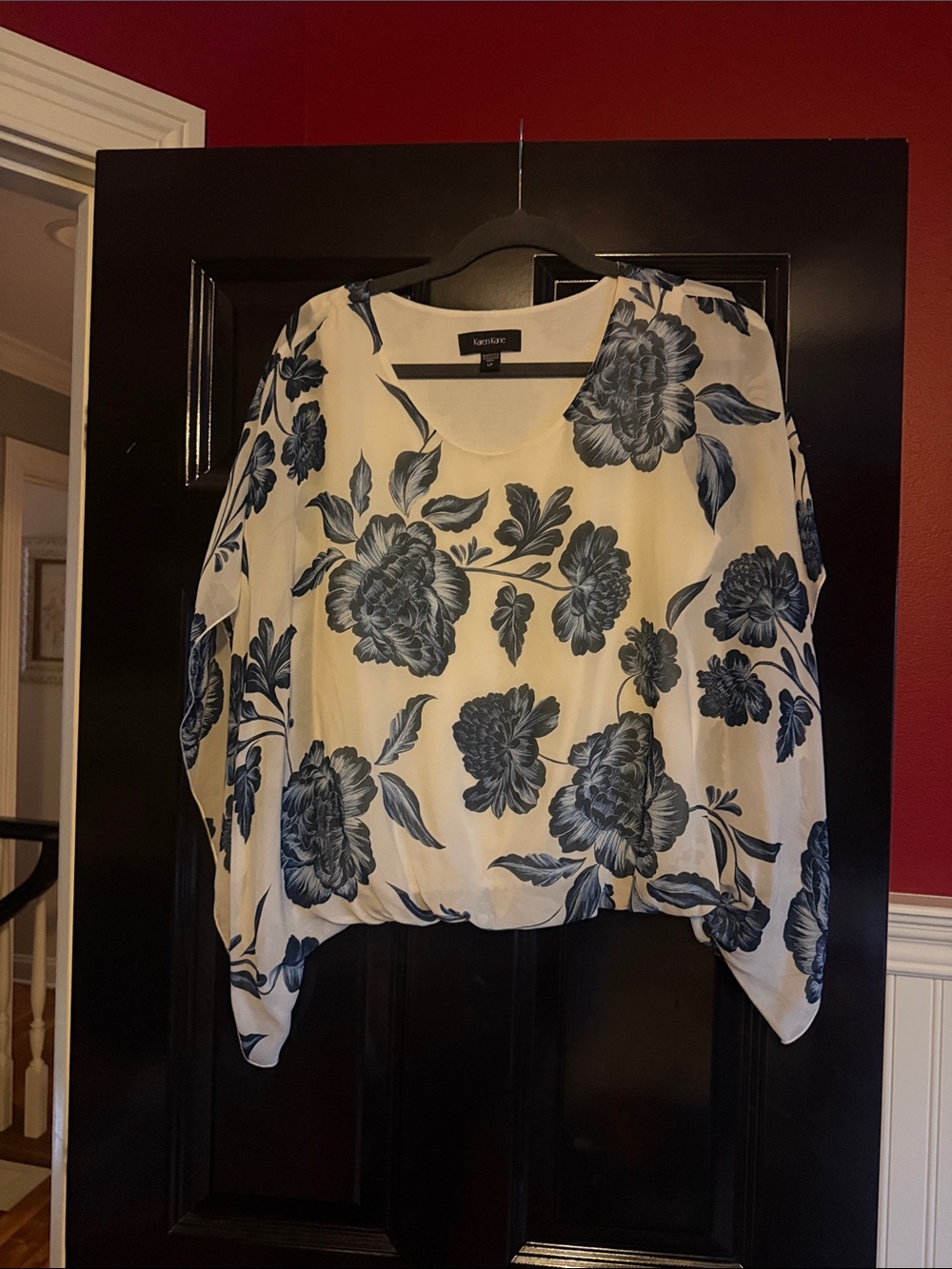 Karen Kane Cream Blouse with Blue Floral Print